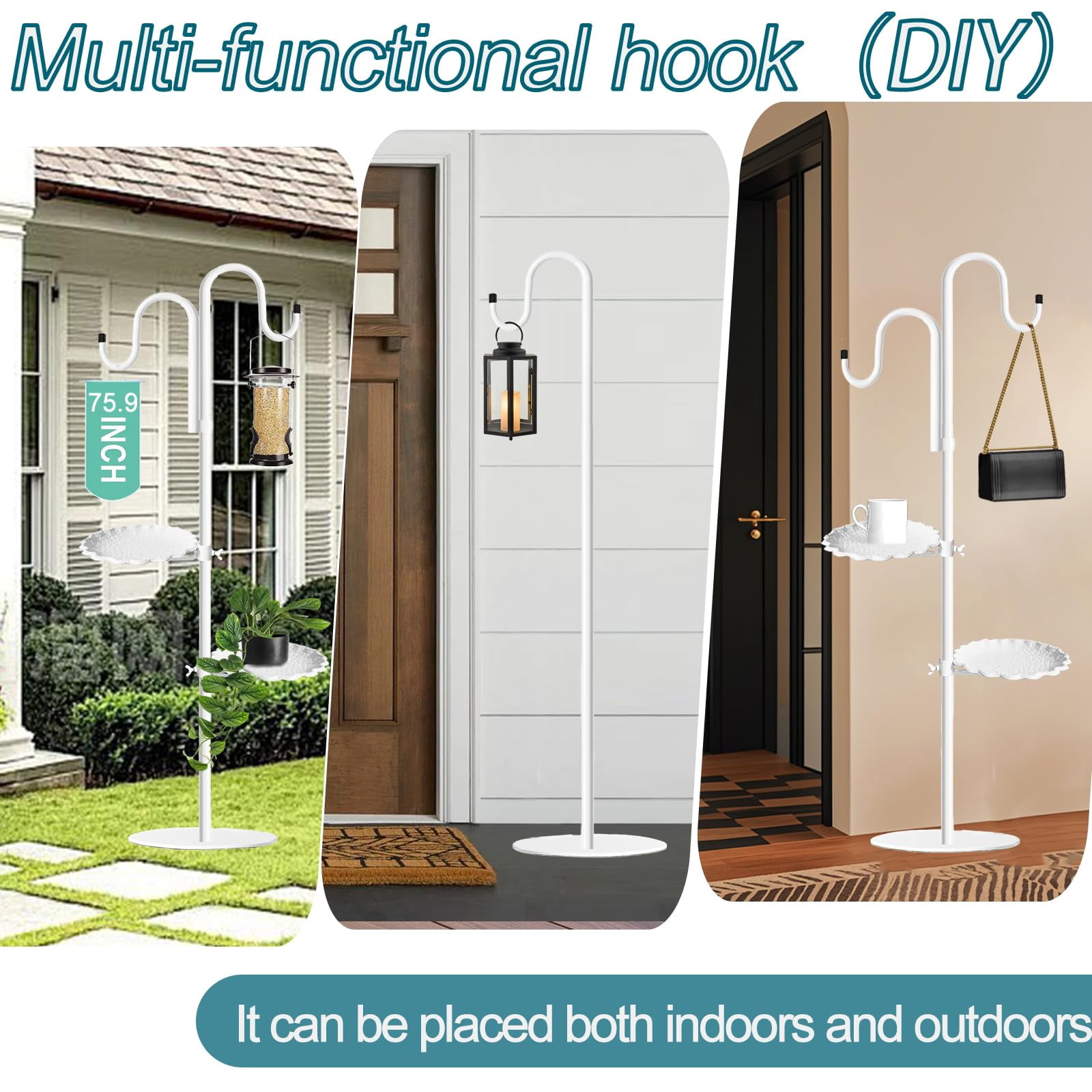 Upgraded 74" Shepherd's Hook Stand plant，Bird Feeder，Wind Chime Hanger Stand, Waterproof Metal & Adjustable-Height Standing Pole Holder for Lantern and Wreath, Indoor & Outdoor（2 Placement Racks)