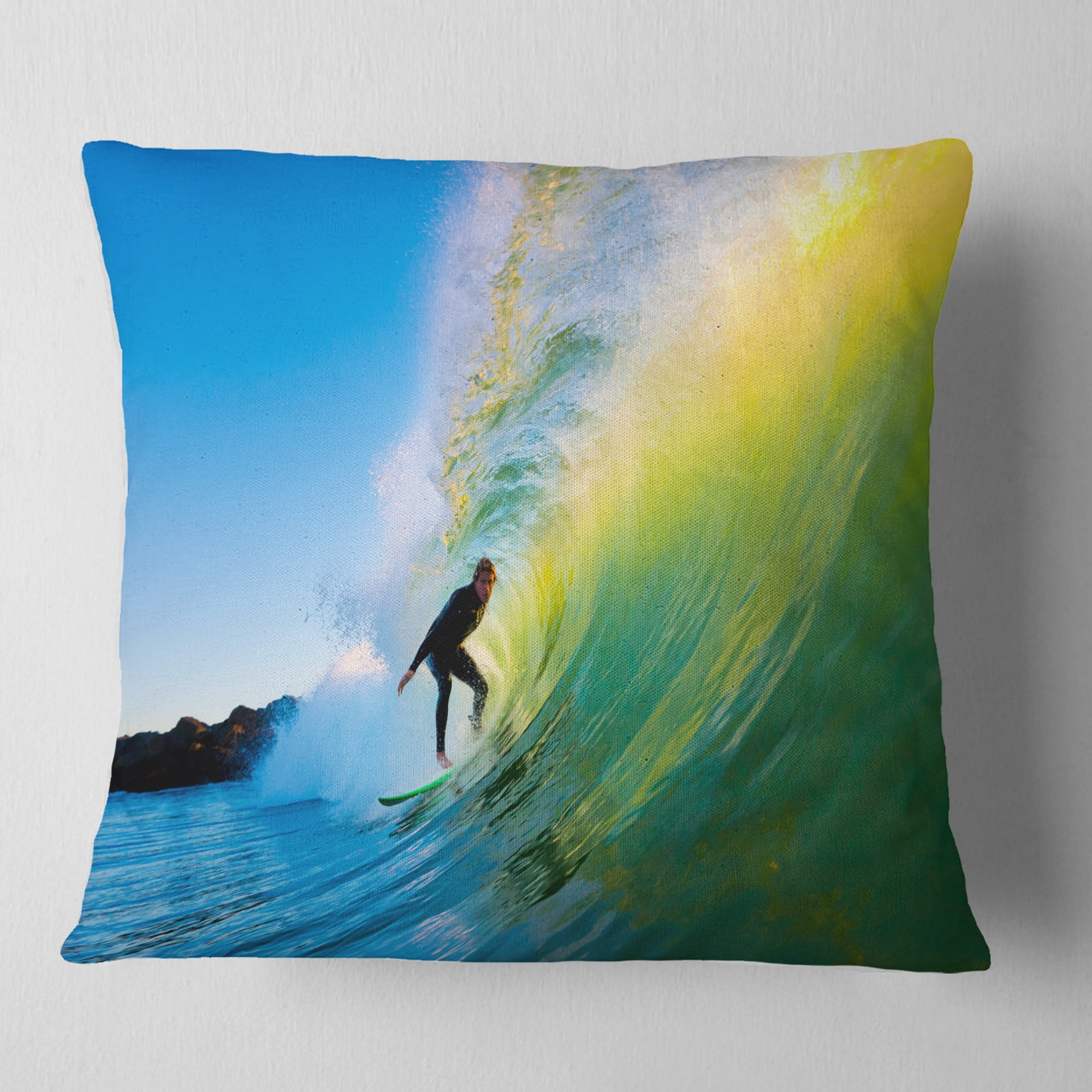 Designart Surfer Beating Green Waves - Photography Throw Pillow - 18x18