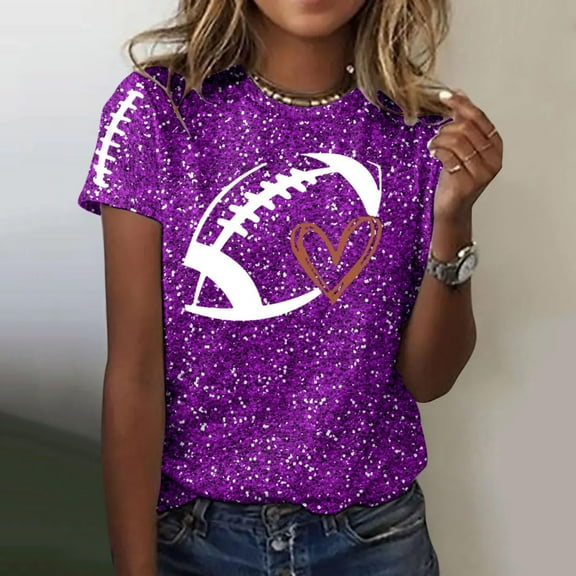Womens Graphic T Shirts, Fashion Casual Rugby Love Print Round Neck T Shirt, Purple L