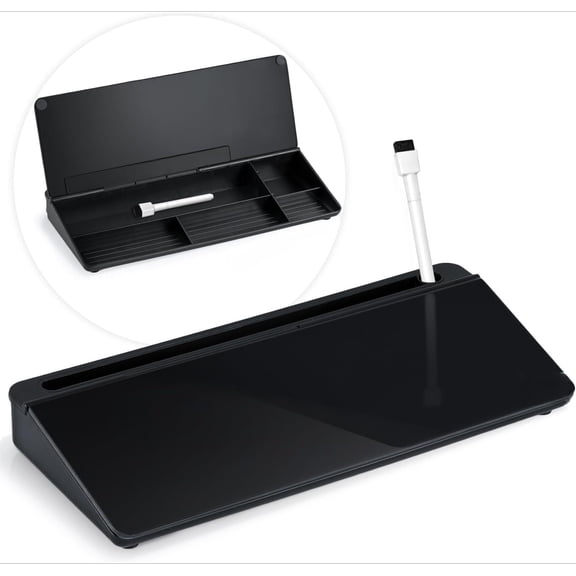 Glass Desk Whiteboard with Wireless Charger, Desktop Organizer Dry Erase White Board with Storage, to Do List Memo Notepad for Home and Office Supplies (Black & Gray)