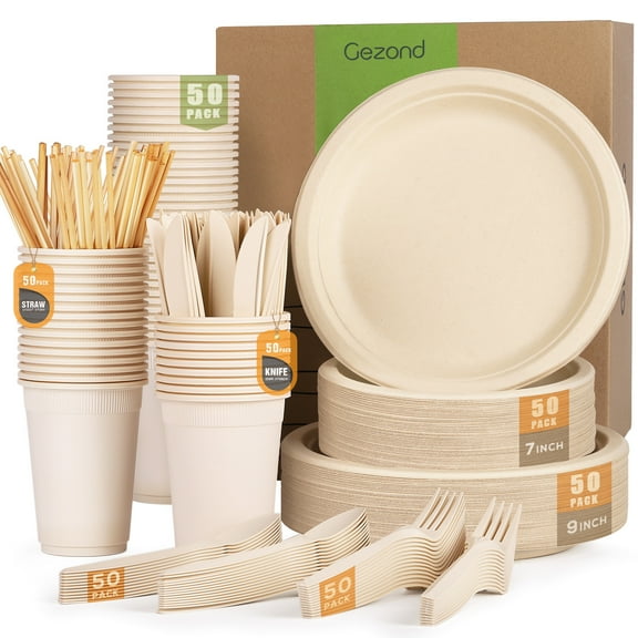 Gezond 350pcs Compostable Paper Plates Set, Eco-friendly Heavy-duty Disposable Paper Plates Cutlery Includes Biodegradable Plates, Forks, Knives, Spoons, Cups and Straws, 50 Guests