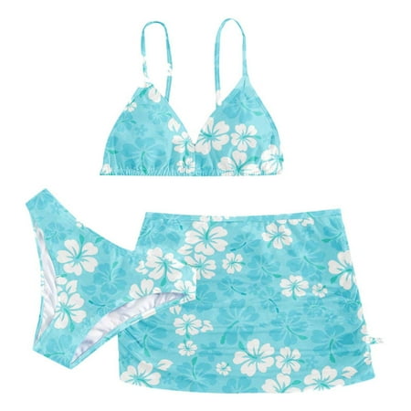 Youmylove Girls 3 Piece Swimsuit Bathing Suit Cute Floral Print Bikini Set With Cover Up Skirt Beach Swimwear Swimming Suit Versatile For 16 Years