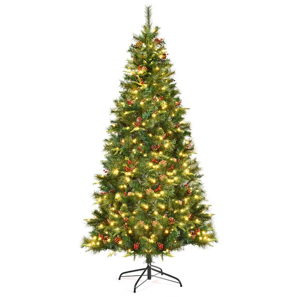 Costway 7ft Pre Lit Hinged Pe Artificial Christmas Tree W 350 Led Lights Pine Cones Walmart Com