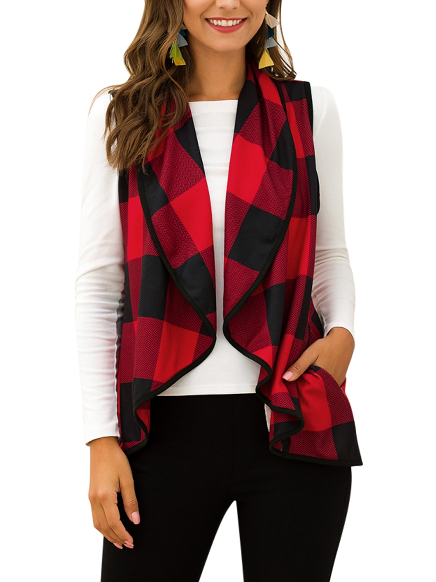 Coolred-Women Windproof Houndstooth Gingham Sleeveless Cardigan Shawl 