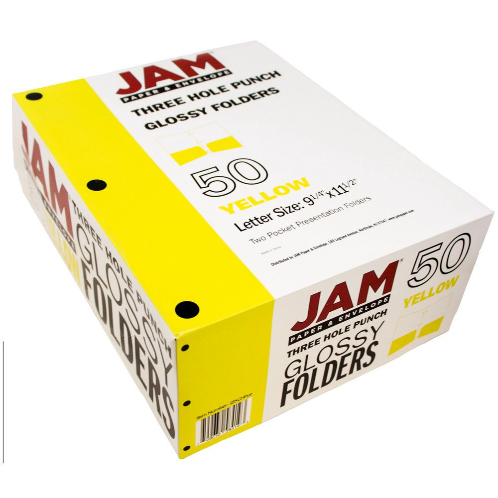 JAM Paper Glossy Two Pocket 3 Hole Punched Presentation Folder, Yellow