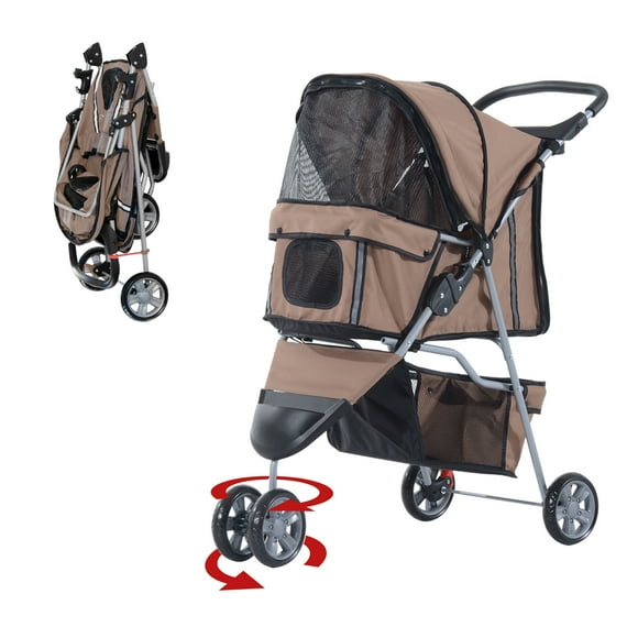 PawHut Deluxe 3 Wheels Pet Stroller with Brake, Canopy, Cupholders (Red)