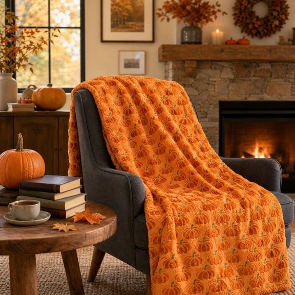 Halloween Pumpkin Faux Fur Throw Blanket 51 × 70 inch All Season Using Ultra Soft Fuzzy Plush Cozy Non-shedding 3D Textured Blanket for Couch Sofa Bed, Ideal Gift for Adults