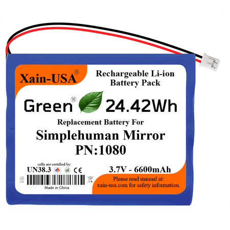 Replacement Battery PN: BT1080 for Simplehuman Mirrors (ST3024 ST3026 ST3027 ST3028) | 3.7V 6600mAh | Please Verify Part Number and Connector Before Purchase