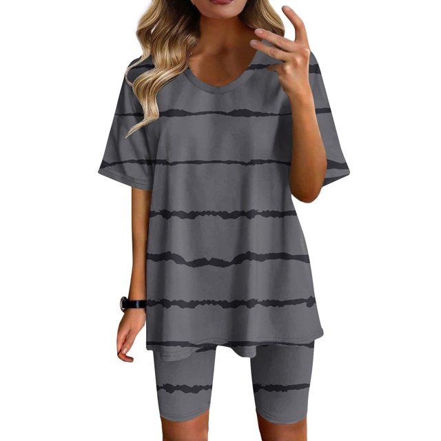 Ensemble 2 Pcs pour Femmes Mode Blouse Col Rond Manches Courtes Hauts Shorts Ensemble Décontracté Ensembles Confortables pour Femmes en Solde