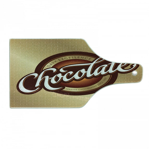 Chocolate Cutting Board, Master Chocolatier Sign Dark Excellence Text Retro Style, Decorative Tempered Glass Cutting and Serving Board, in 3 Sizes, by Ambesonne