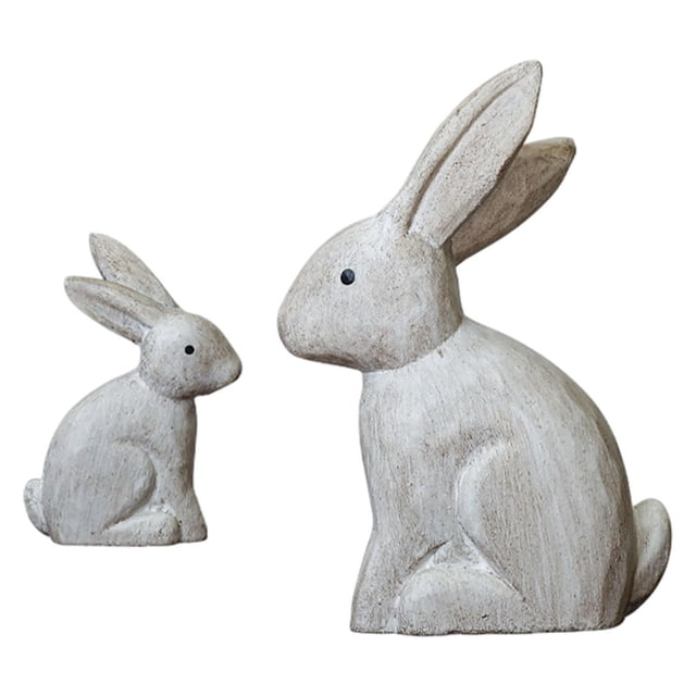 Estatua de conejo de madera de 2 piezas, escultura de conejo, artesanía, figura de animal coleccionable, adorno de mesa para estante, balcón, patio,
