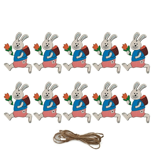 Sijial 10 Pcs Pendentif de Pâques Coloré Décoration Maison en Bois Œuf de Rabbit Dessin Animé pour Fête