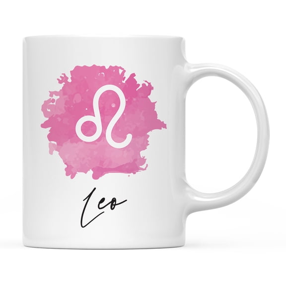 Koyal Wholesale Zodiac Sign Ceramic Coffee Mug, Leo Sign Symbol, Pink Watercolor Design