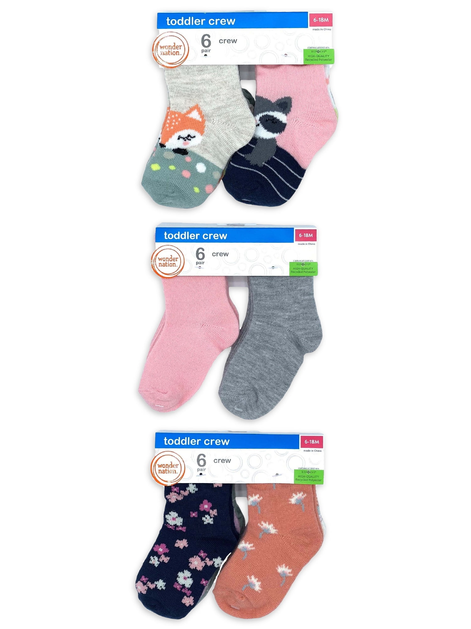 Wonder Nation Baby and Toddler Girl Crew Socks, 18-Pack, Sizes 0M-5T