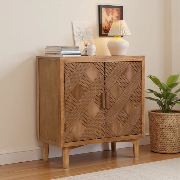 Ahokua Mid-Century Modern Accent Cabinet with Geometric Inlay Doors, Adjustable Shelf for Living Room