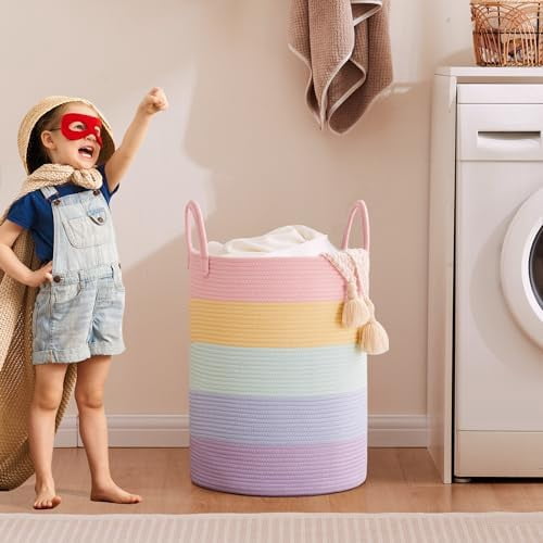 60L Hamper Laundry Basket for Baby Girls Kids Rainbow Nursery Hamper for Clothes Pastel Unicorn Woven Rope Blanket Basket for Toy in Playroom Bedroom 15Dx20H inches Large