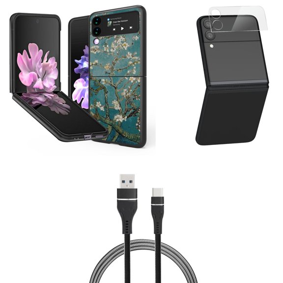 Bemz Premium Bundle for Samsung Galaxy Z Flip 3 5G: Slim Snap-On Protector Case (Midnight Green Blossom), Rear Camera Glass Protector, Nylon Braided USB-C to USB-A Cable (3 Feet)