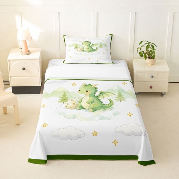 Homewish Cartoon Dragon Twin Sheets,Lovely Animal Bedding,White,3 Pieces,1 Fitted Sheet and 1 Pillowcase