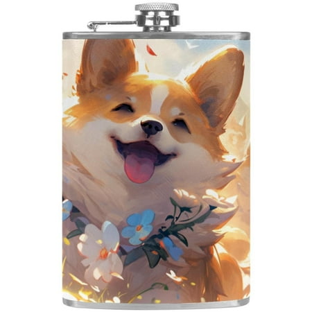 

josid Cute corgi Puppy 3.6x6in Stainless Steel Small Flask Leak-Proof Stainless Steel Construction Wrapped in Premium Two-Layer Leather Nano-Printed Design 227ml Capacity