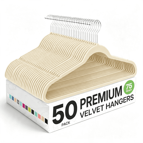 XIBUFE Premium Velvet Hangers 50 Pack,Non-Slip Flocked Felt Hangers,Beige Sturdy Clothes Hangers with 360° Rotatable Hook,Heavy Duty Coat Hanger,Durable Slim Hanger for Closet Space Saving