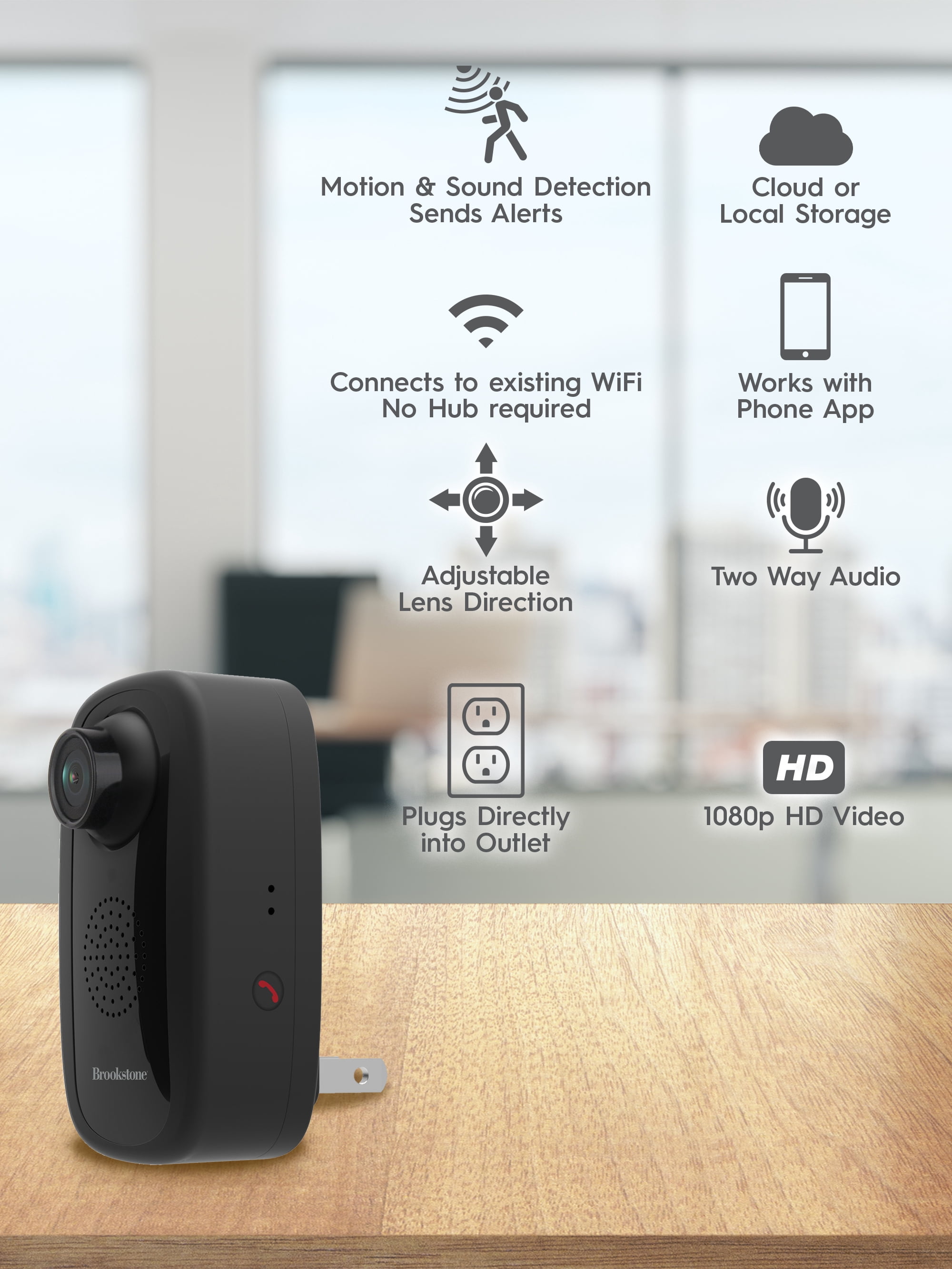 Brookstone Cordless Security/Surveillance WIFI Camera with a Plug on the back and Adjustable Angled Lens that Plugs Directly into the Electrical Wall Socket and is Accessible from Anywhere with App