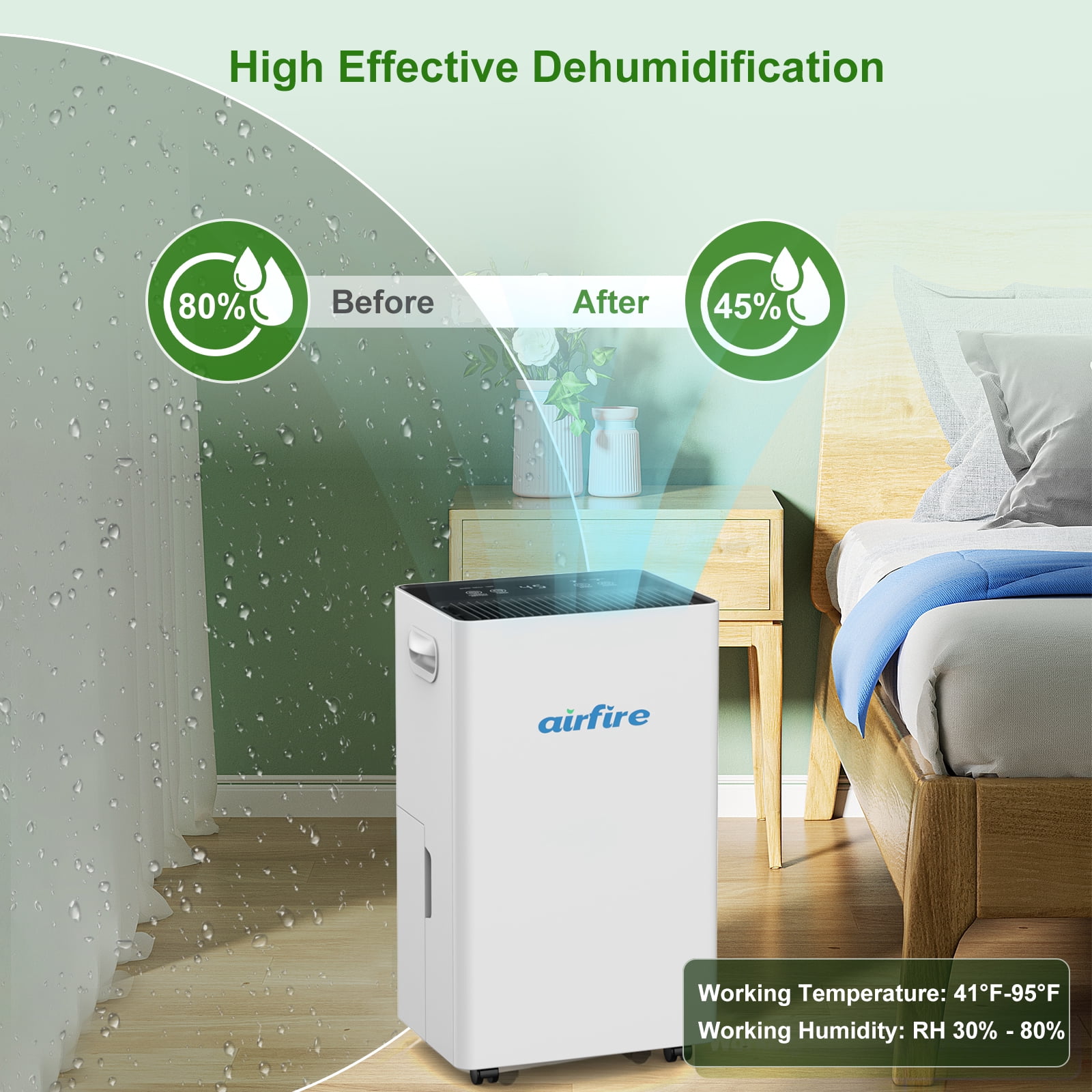 Airfire 4500 Sq. ft Max 70 Pints Dehumidifier for Basement, Dehumidifiers with Drain Hose for Home Bedroom Bathroom Large Room, Auto Defrost& Drain, 24H Timer, 1.59 gal Water Tank, Dry Clothes