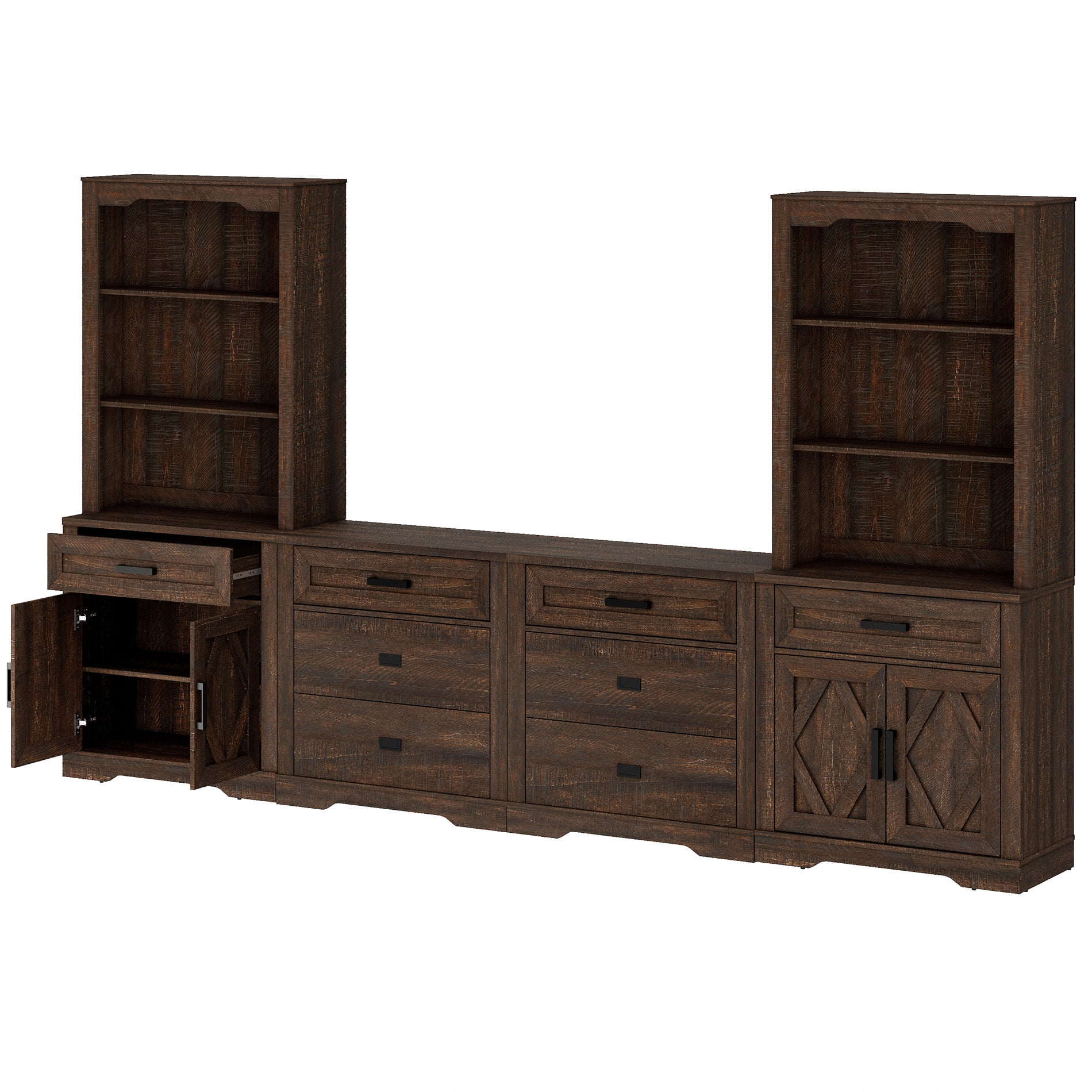WAMPAT Farmhouse Entertainment Center with Bookshelf for TVs up to 75",Mid Century Modern TV Stand with 73"H Tall 5-Tier Bookcase with Open Storage and Barn Doors for Living Room,Bedroom,Rustic Brown