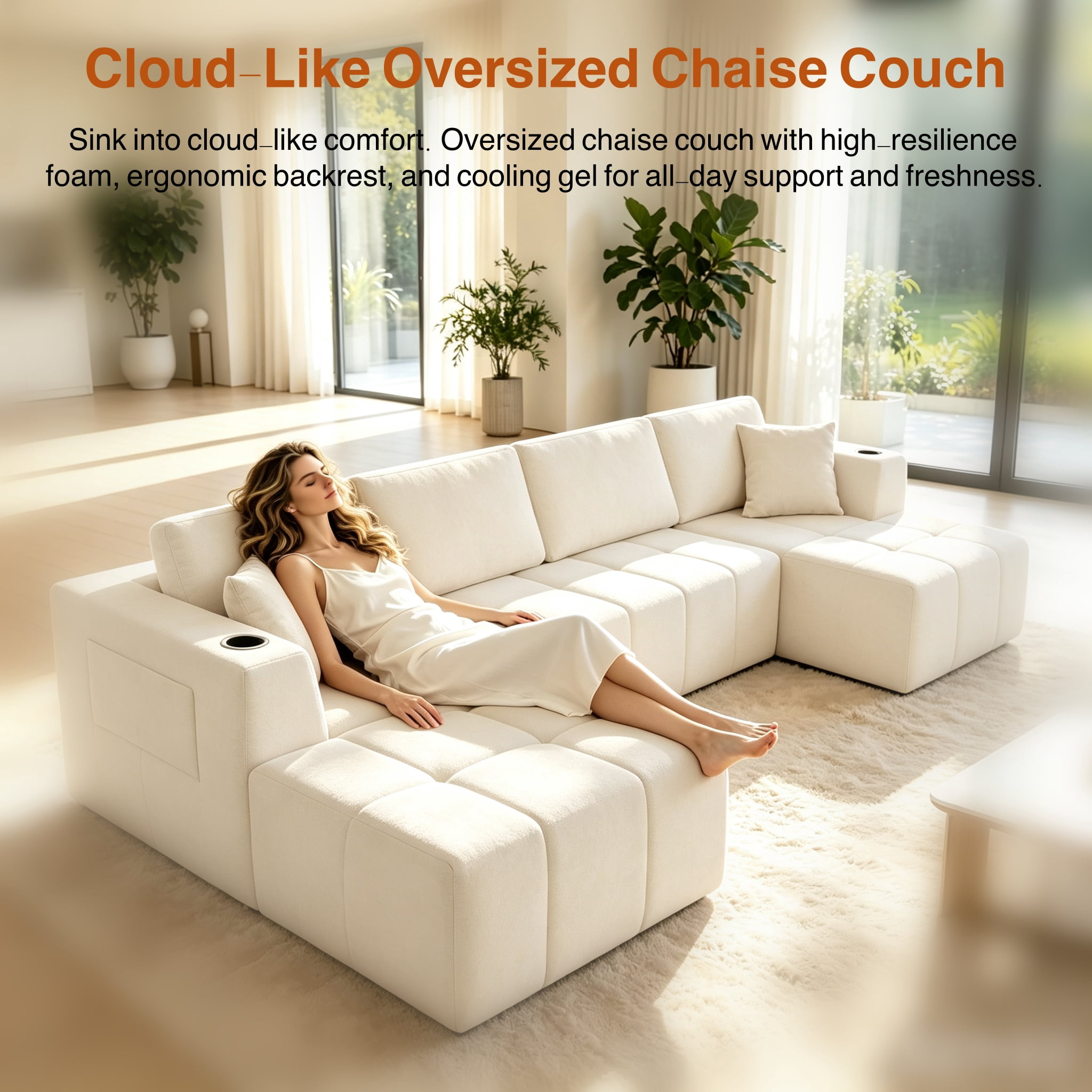 ShiKeyi 132.5" Modern U-Shaped Modular Sectional Sofa with Double Chaise, Premium Chenille Fabric Cloud Couch Set with Cup Holders & Storage Pockets for Living Room, Beige