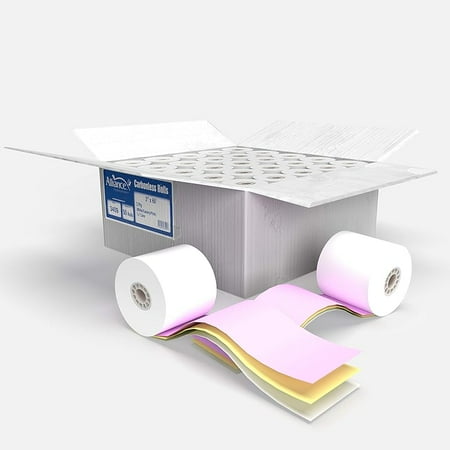 Receipt Rolls, Paper, 3" x 65' x 7/16" Core, 3 Ply White/Canary/Pink, 50 Rolls Per Carton