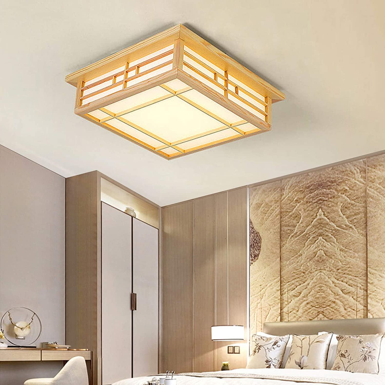 Miumaeov Ceiling Light Japanese Style Simple Modern LED Close to Ceiling Light Fixture Wooden Lampshade Stepless Dimming 110V (45*45*12cm)