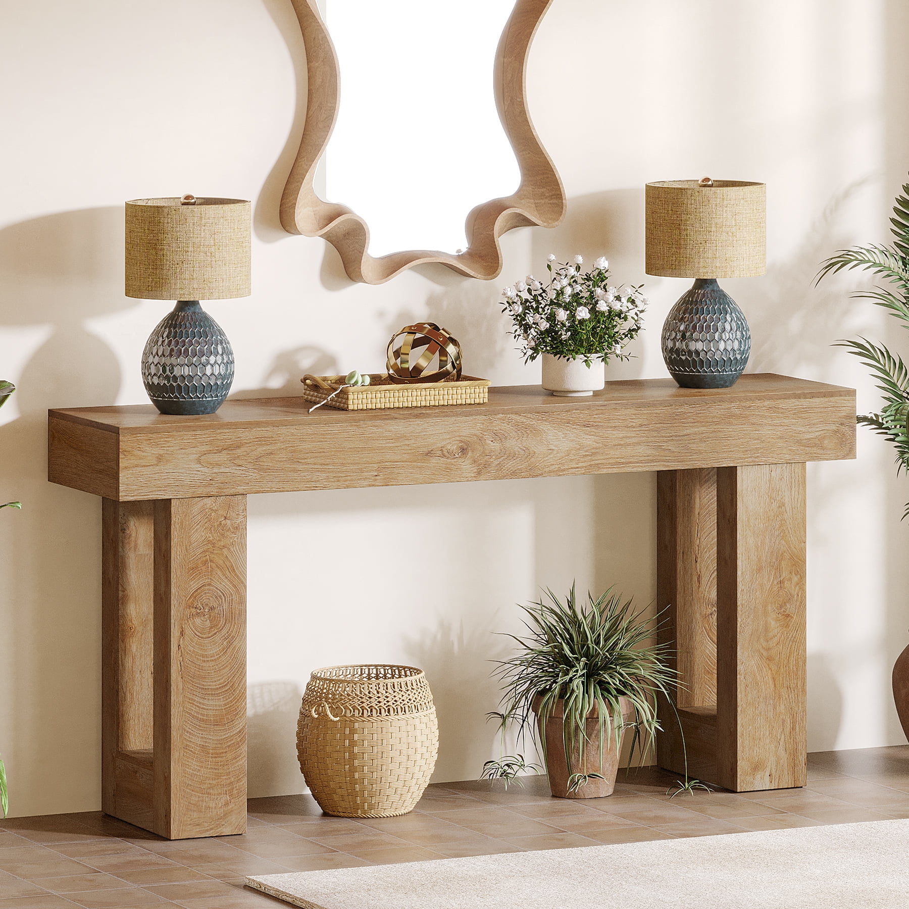 Tribesigns 63-Inch Long Console Table, Farmhouse Wooden Sofa Table Behind The Couch, Entryway Table for Entrance, Hallway, Living Room, Natural
