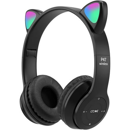 P47M Cat Ears Bluetooth Headphones Wireless Black Headphones Cat Ear LED Light Up Bluetooth Foldable Over Ear Microphone
