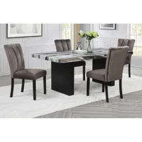 Modern Faux Marble 5Pc Dining Set, 78" Double Pedestal Dining Table, Velvet Upholstered Side Chair Set, Cedar Brown