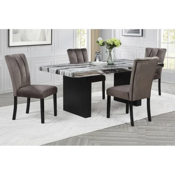 Modern Faux Marble 5Pc Dining Set, 78" Double Pedestal Dining Table, Velvet Upholstered Side Chair Set, Cedar Brown