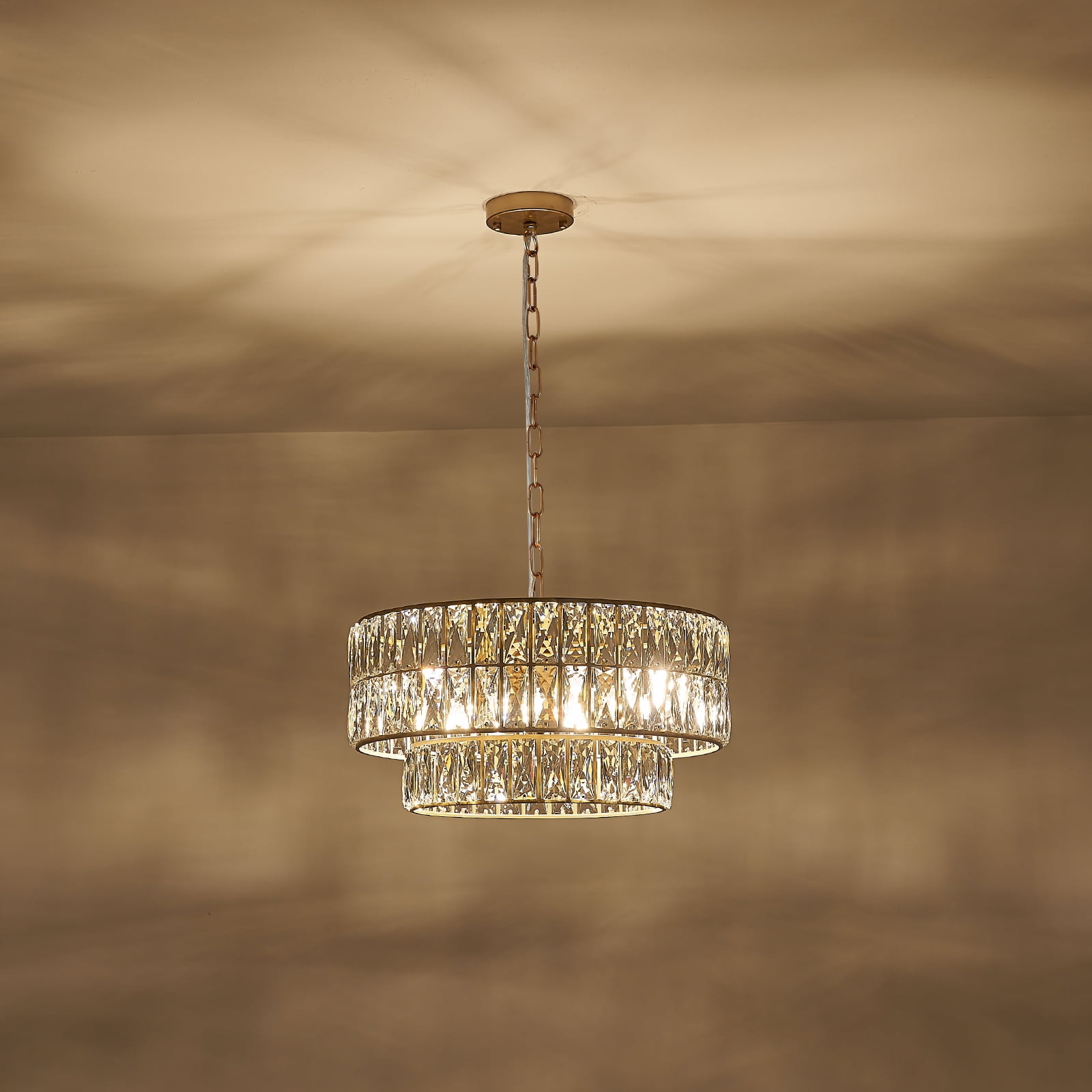 Gold 2-tier Crystal Chandelier 6-Lights Luxury Crystal Pendant Chandelier 20'' Drum Semi Flush Mount Ceiling Lights for Dining Room Foyer Living Room Bedroom Kitchen