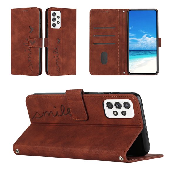 For Samsung Galaxy A52 Wallet Cover, PU Leather Kickstand Credit Card Pocket Slots Wrist Strap Magnetic Folio Heart Patterned Embossed Flip Cover for Samsung Galaxy A52 5G/4G, Brown