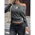 thumbnail image 5 of Women's Striped Off-Shoulder Cinched Waist Long Sleeve Top Gray S, 5 of 9