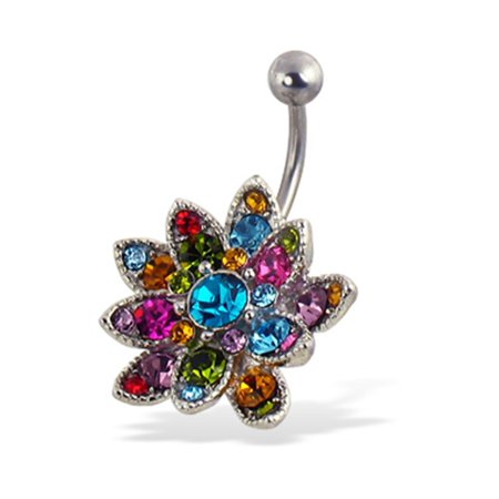 Multi Color Jeweled Flower - Multicolor Jeweled Flower Belly Button Ring