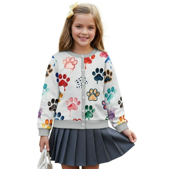 COEQINE Girls Fashion Cardigan, Lightweight Long Sleeve Printed Cover Up, Soft Polyester Round Neck Button Down Top Fall Jackets, Machine Washable, Ages 5-6, Colorful Paw Gray