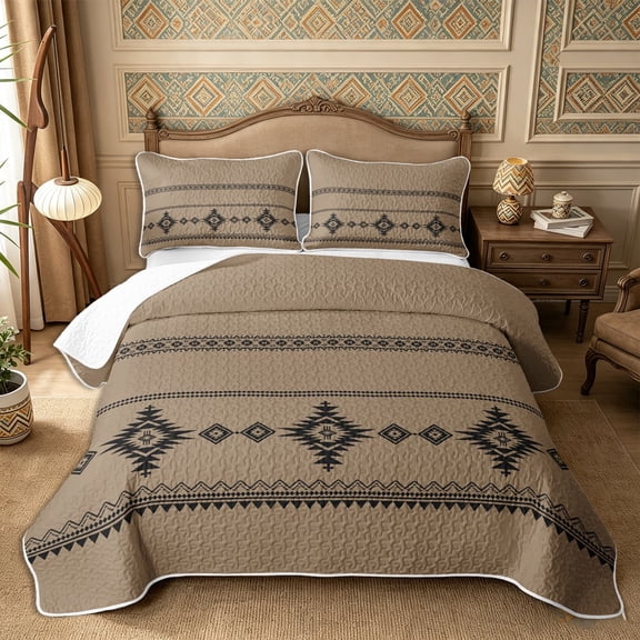 Castle Fairy Bohemian Tribal Aztec Twin Quilt Set 2 Pieces,Hippie Boho Twin Coverlet Set,Taupe Black,1 Bedspread and 1 Pillowcase