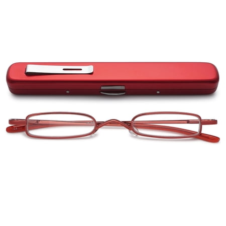 MAGIMODAC Mini Reading Glasses Compact Metal Eyeglasses for Men Women Spring Hinge Lightweight Portable Clip with Aluminum Case Readers Travel