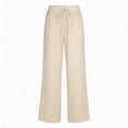 thumbnail image 4 of Women's Striped Linen Pants, High Waisted Elastic Waist Straight Leg Trousers, Drawstring Casual Beach Pants for Women, Summer Wide Leg Comfortable Palazzo Pants Beige L, 4 of 4