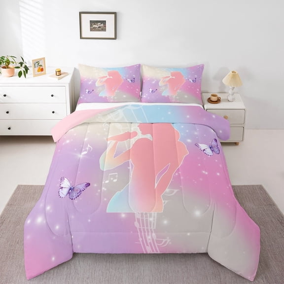 Erosebridal Girl Musician Silhouette Comforter Sets Twin Size,Purple Cartoon Animal Butterfly Comforters & Duvets,Musical Notes Bedding Twin Comforter Set,Microfiber Bedroom Decor Reversible,2-Piece