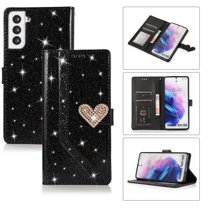 Shining Wallet Case for Samsung Galaxy S22 with Card Slots Holder Kickstand Flip Folio Cover, Sparkle Bling PU Leather Diamond Heart Love Magnetic Clasp Stylish Case for Women Girls,Black