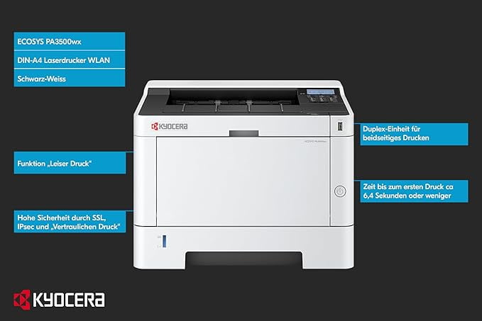 Kyocera ECOSYS PA3500wx A4 Monochrome Laser Duplex Wireless Printer - 37 ppm, Duplex, Network, 1200 DPI, 250-Sheet Tray