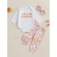 thumbnail image 2 of Suealasg Baby Girl Halloween Outfit 3Pcs Newborn Girl Fall Winter Clothing 3 6 12 18 Months Infant Girl Letter Print Long Sleeve Romper Pumpkin Print Long Pants Headband Set, 2 of 7