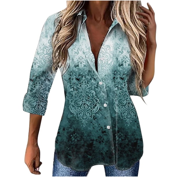 Camisas Para Mujer Túnica Suelta Tops Blusas Camisa Clásica Gradiente Estampado Manga Larga Odeerbi ODB123536