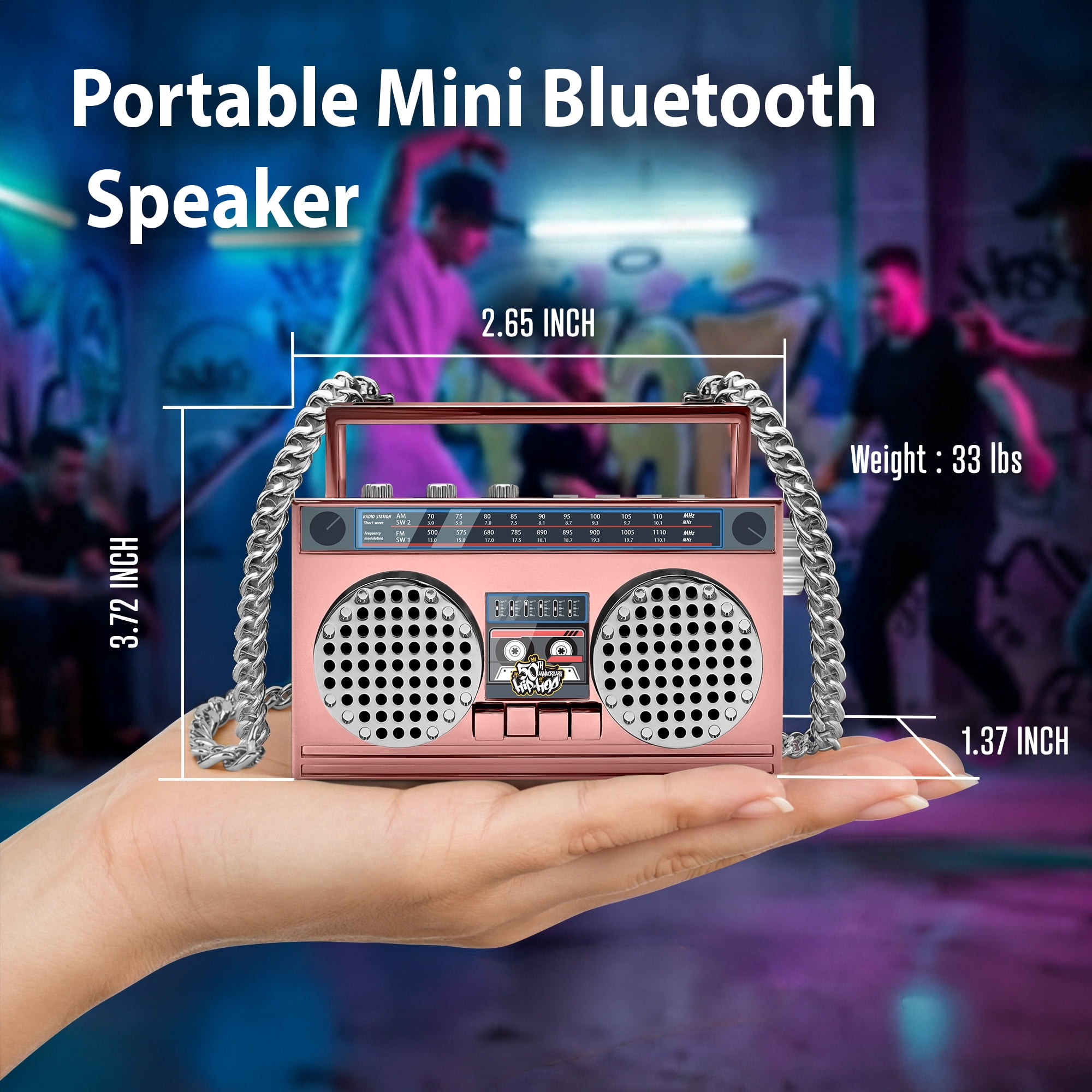 50th Anniversary of Hip Hop Portable Mini Bluetooth Wireless Speaker Retro Wearable Boombox, 27 Inch Necklace, FM Radio, On Board Buttons, Dual 6W Peek Power Micro Speakers, Long Lasting Battery