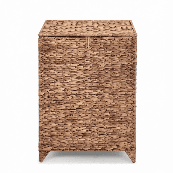 Woven Water Hyacinth Laundry Hamper with Lid and Raised Feet, Natural Fiber Storage Basket with Liner for Bedroom and Laundry Room