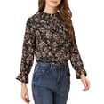thumbnail image 6 of Allegra K Women's Bow Tie Ruffle Collar Button Down Long Sleeve Floral Blouse, 6 of 8